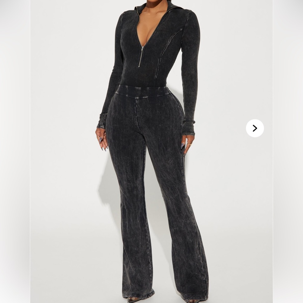 Black Ribbed Long Sleeve One Piece Flared Pants Set